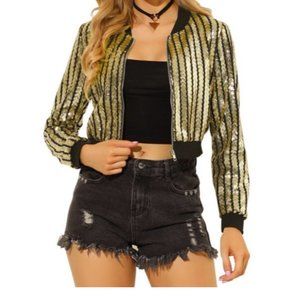 Allegra K NWT Glitter Sparkle Long Sleeve Crop Bomber Sequin Jacket Size M